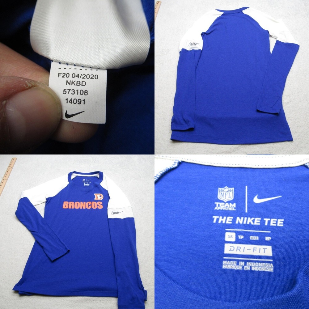 Denver Broncos Shirt Women XS Nike NFL Blue Dri-FIT Mesh Raglan Sleeve Tee
